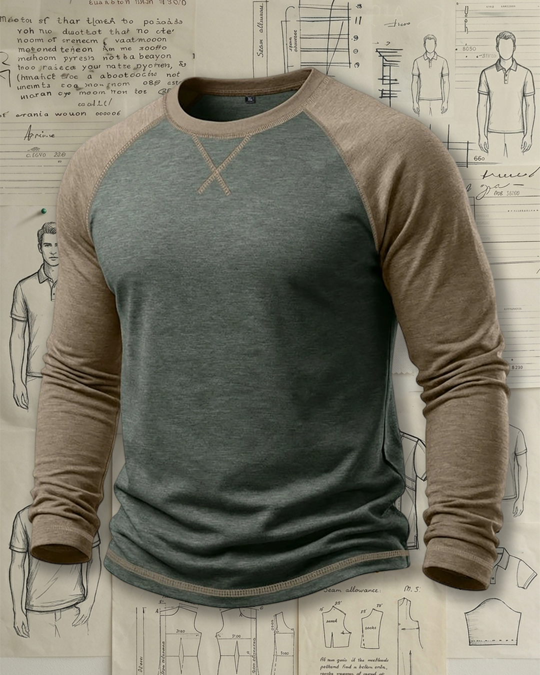 Men's Green and Khaki Raglan Slim Fit Workwear Casual No-Print Long Sleeve T-Shirt