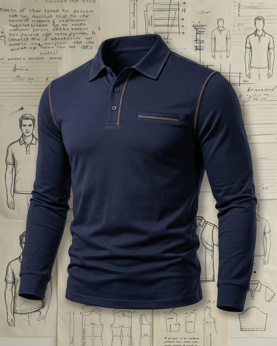 Men's Navy Brown Contrast Stitch Slim Fit Business Casual Long Sleeve Polo Shirt