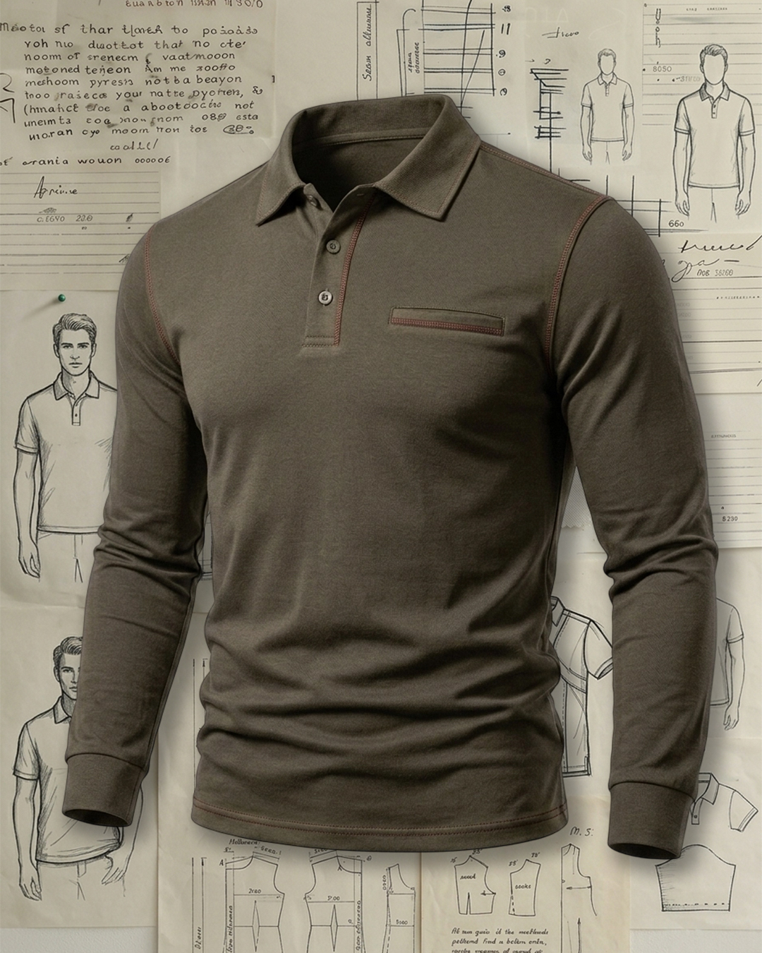 Men's Olive Green Red Contrast Stitch Slim Fit Smart Casual Long Sleeve Polo Shirt