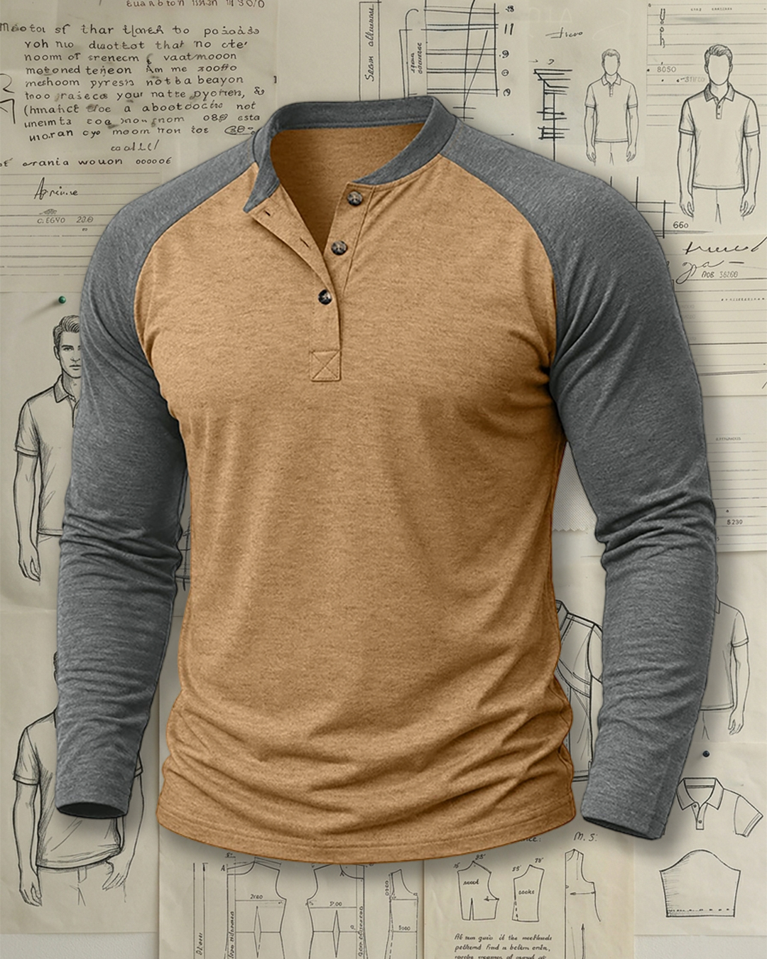Men's Khaki and Grey Raglan Slim Fit Retro Casual No-Print Henley Long Sleeve T-Shirt