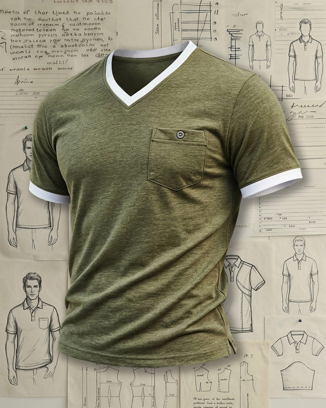 Men's Olive Green and White Trim Slim Fit Casual No-Print V-Neck Pocket Short Sleeve T-Shirt