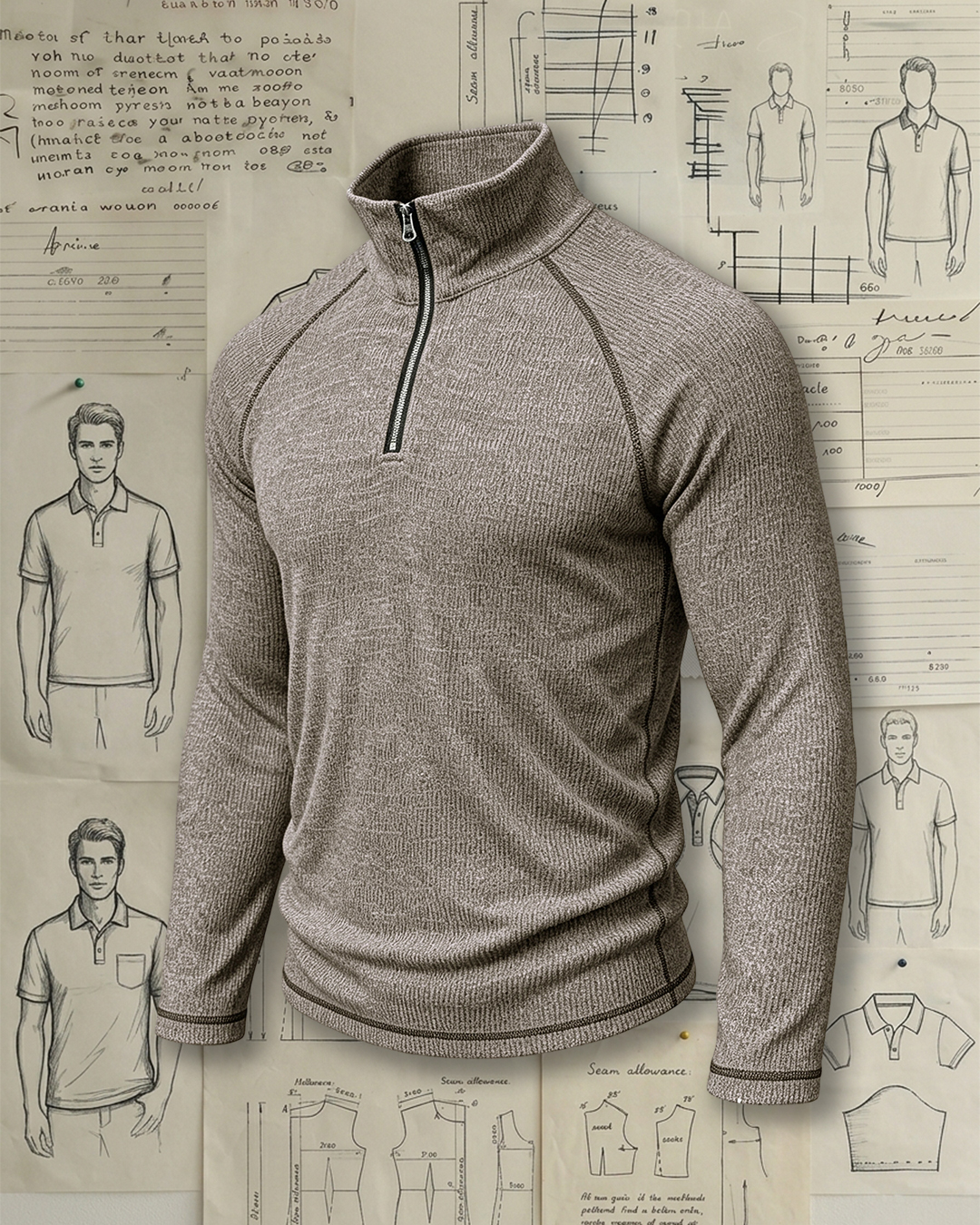 Men's Heather Brown Textured Half-Zip Mock Neck Slim Fit Outdoor Casual No-Print Long Sleeve Top