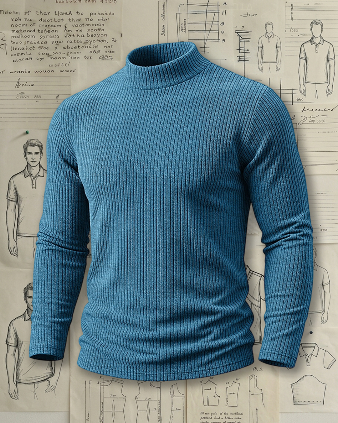Men's Heather Blue Ribbed Mock Neck Slim Fit Business Casual No-Print Knit Sweater