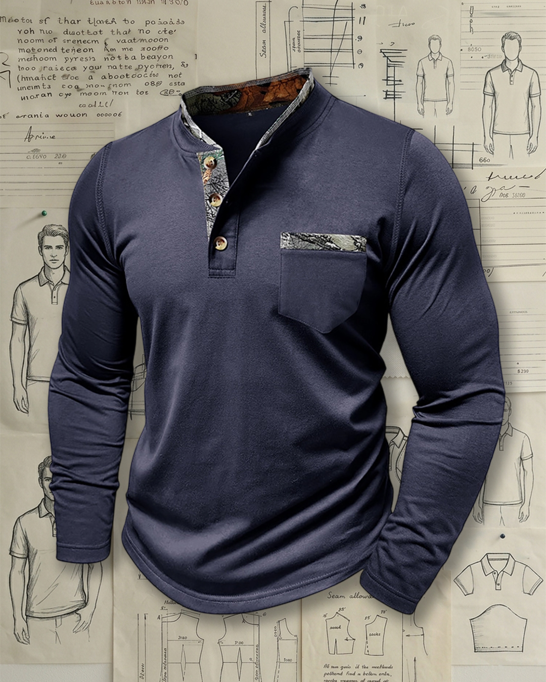 Men's Navy Camo Patchwork Slim Fit Vintage Casual No-Print Henley Long Sleeve T-Shirt