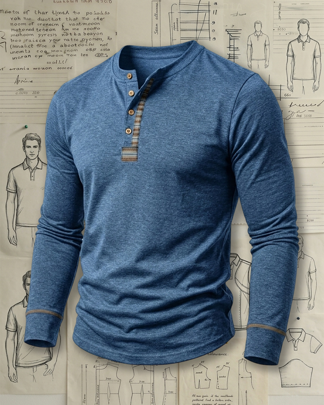 Men's Heather Blue Plaid Patchwork Slim Fit Old Money Casual No-Print Henley Long Sleeve T-Shirt