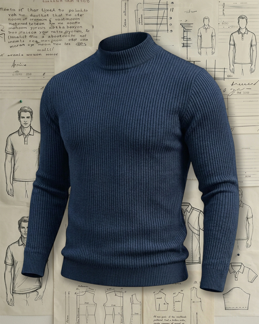 Men's Navy Vertical Rib Mock Neck Slim Fit Business Casual No-Print Knit Sweater