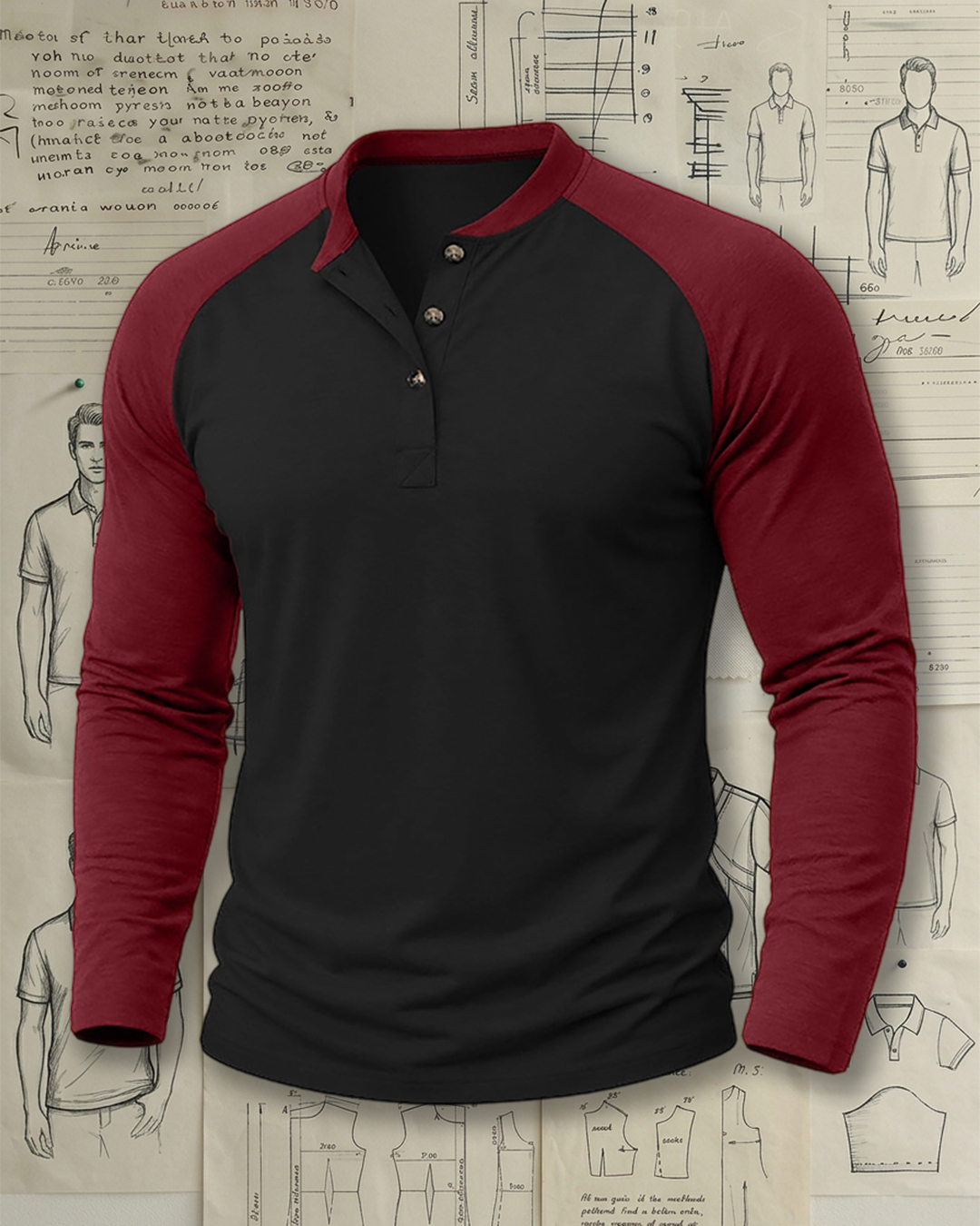 Men's Black and Wine Red Raglan Slim Fit Street Casual No-Print Henley Long Sleeve T-Shirt