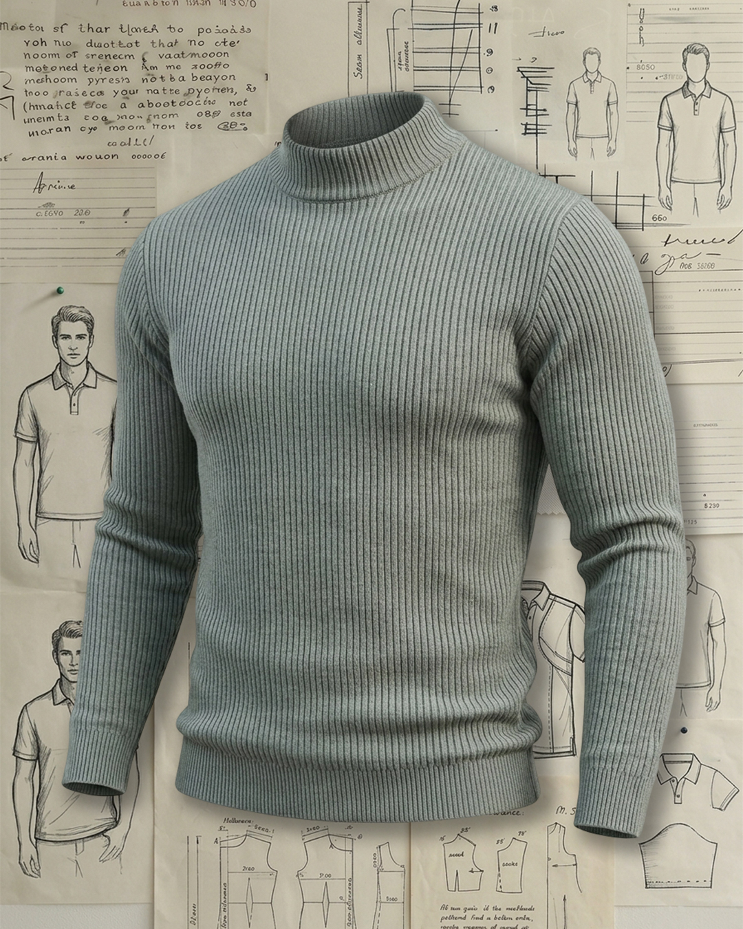 Men's Heather Grey Vertical Rib Mock Neck Slim Fit Minimal Casual No-Print Knit Sweater