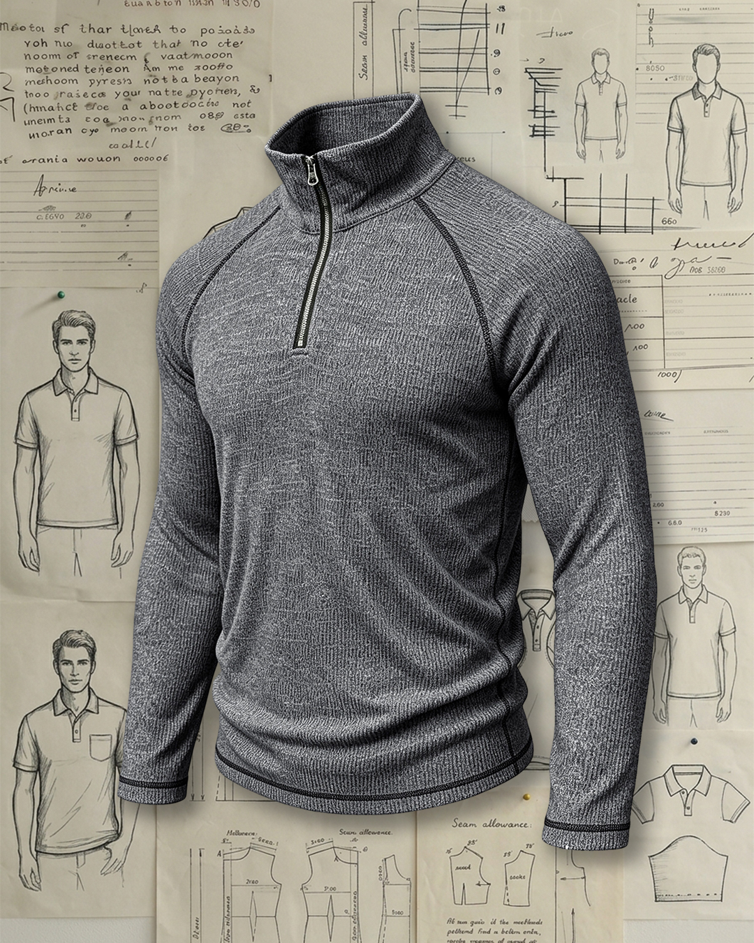 Men's Heather Grey Textured Half-Zip Mock Neck Slim Fit Outdoor Casual No-Print Long Sleeve Top