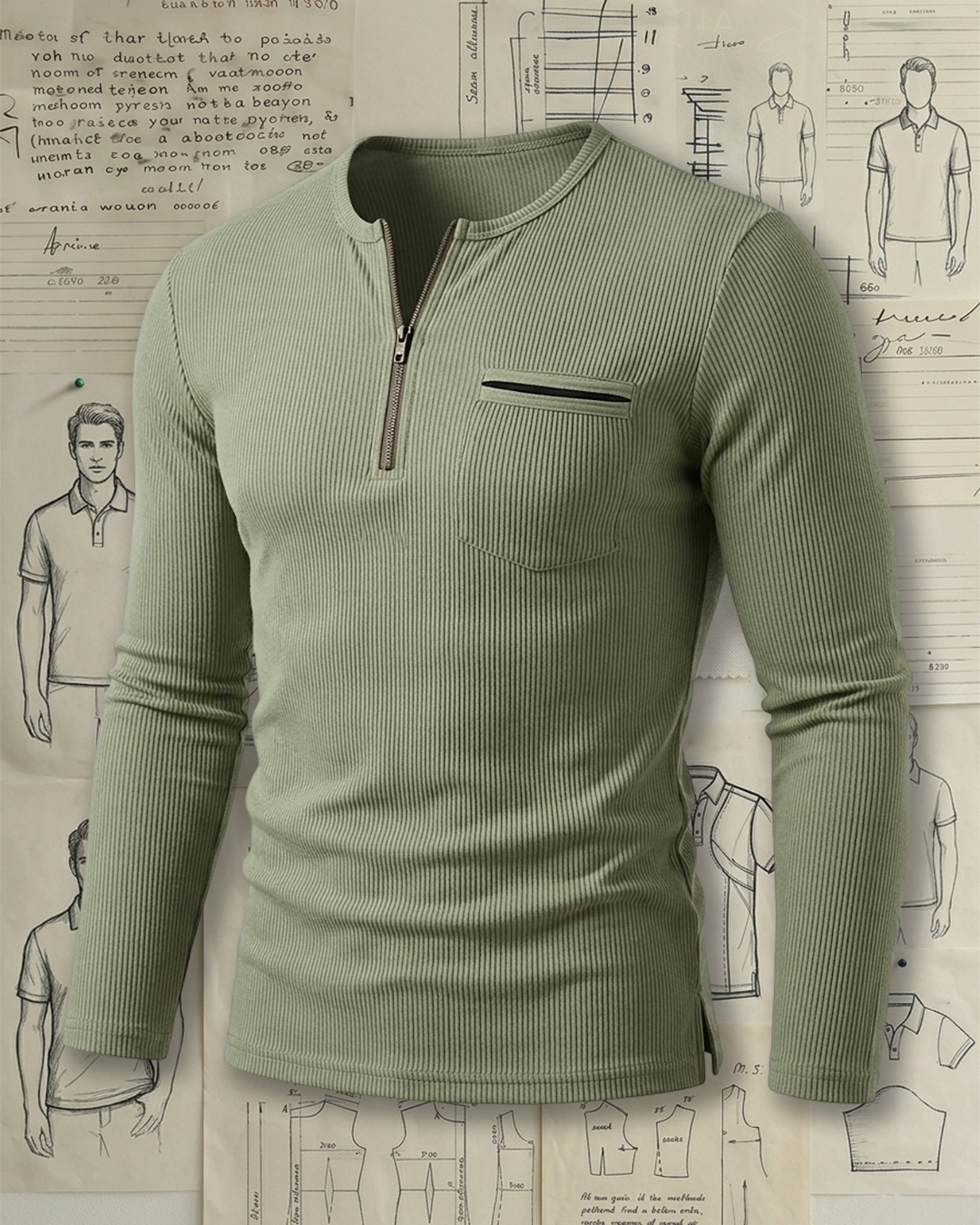 Men's Sage Green Ribbed Half-Zip Slim Fit Smart Casual No-Print Henley Long Sleeve T-Shirt