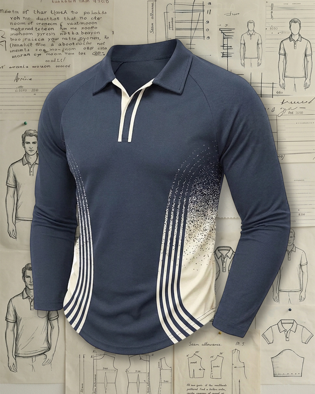 Men's Navy and Cream Gradient Stripe Slim Fit Smart Casual Printed Long Sleeve Polo Shirt