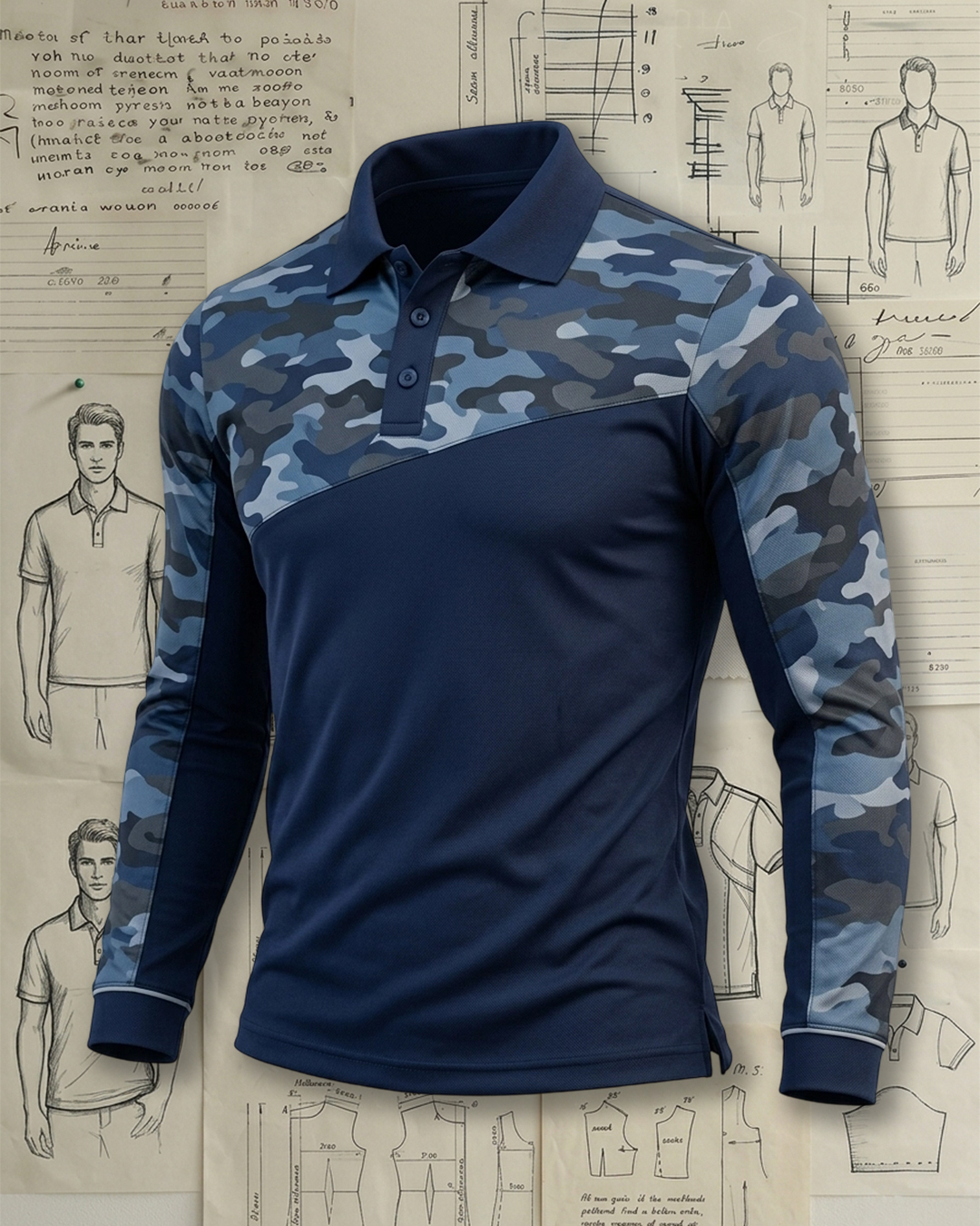 Men's Navy and Light Blue Camo Patchwork Slim Fit Tactical Casual Printed Long Sleeve Polo Shirt