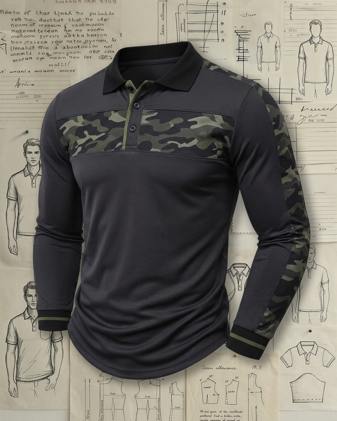 Men's Dark Grey and Army Green Camo Patchwork Slim Fit Street Casual Printed Long Sleeve Polo Shirt