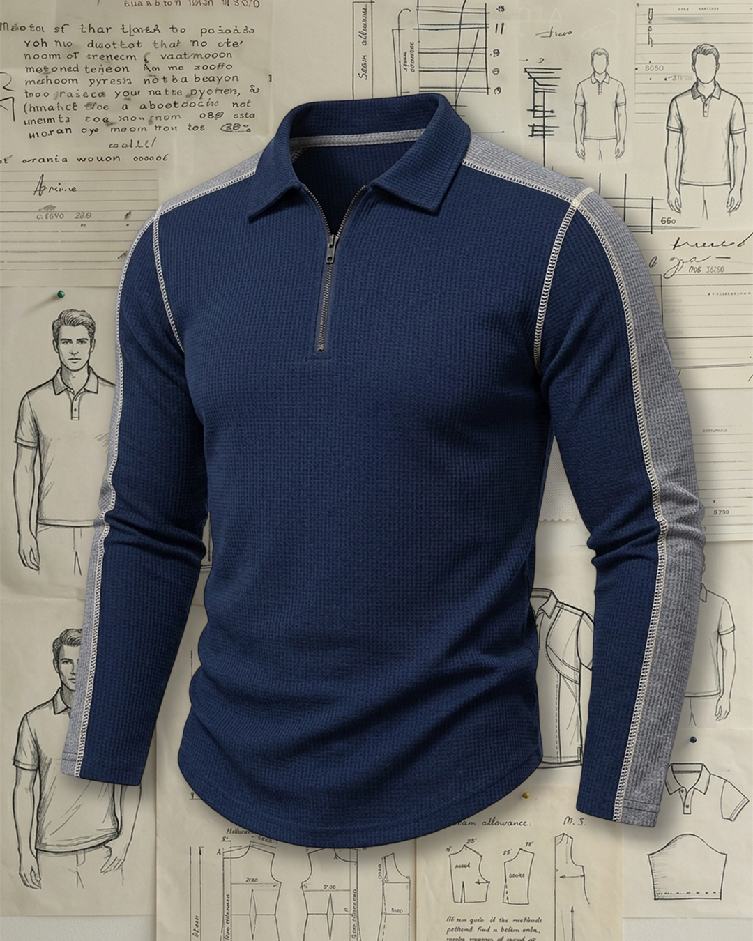 Men's Navy and Heather Grey Waffle Knit Slim Fit Smart Casual No-Print Half-Zip Long Sleeve Polo Shirt