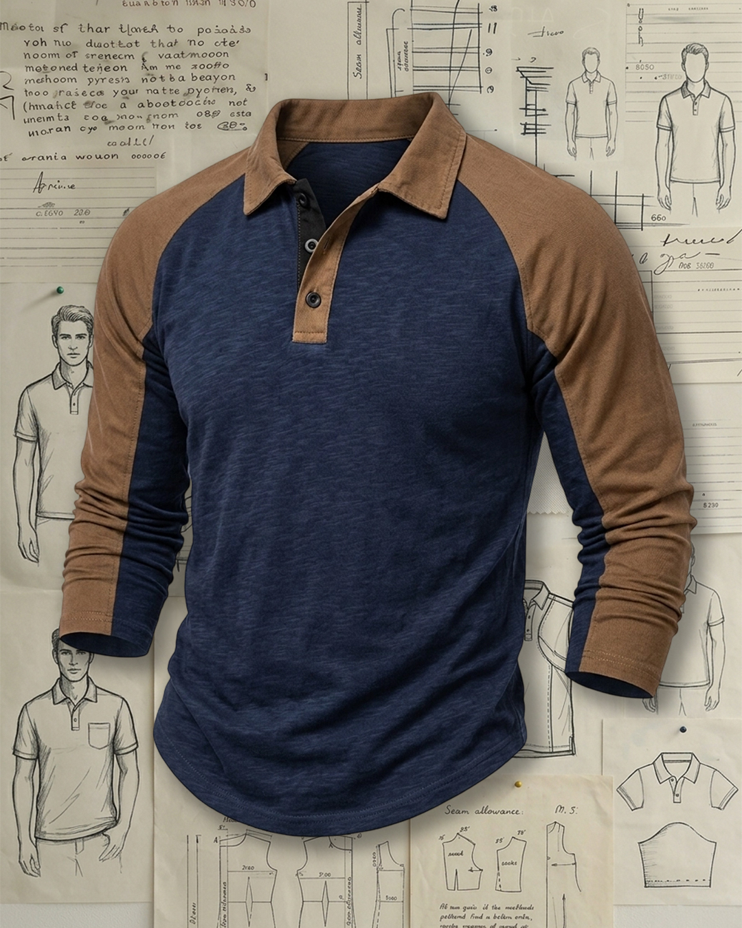 Men's Navy and Brown Slub Cotton Slim Fit Vintage Casual No-Print Raglan Long Sleeve Polo Shirt