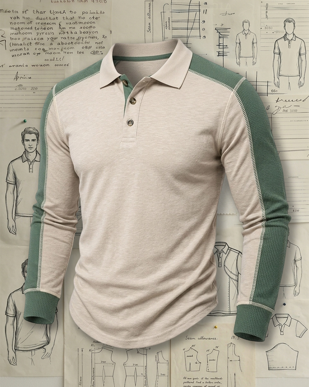 Men's Oatmeal and Sage Green Waffle Knit Slim Fit Smart Casual No-Print Color Block Long Sleeve Polo Shirt