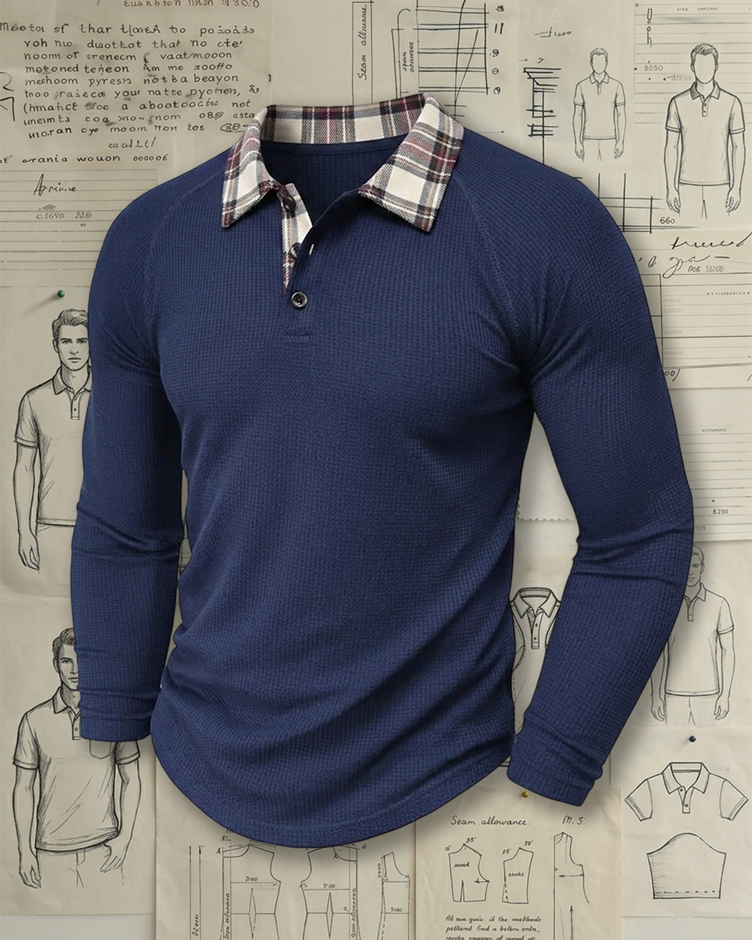 Men's Navy Waffle Knit Plaid Collar Slim Fit Retro Casual No-Print Long Sleeve Polo Shirt