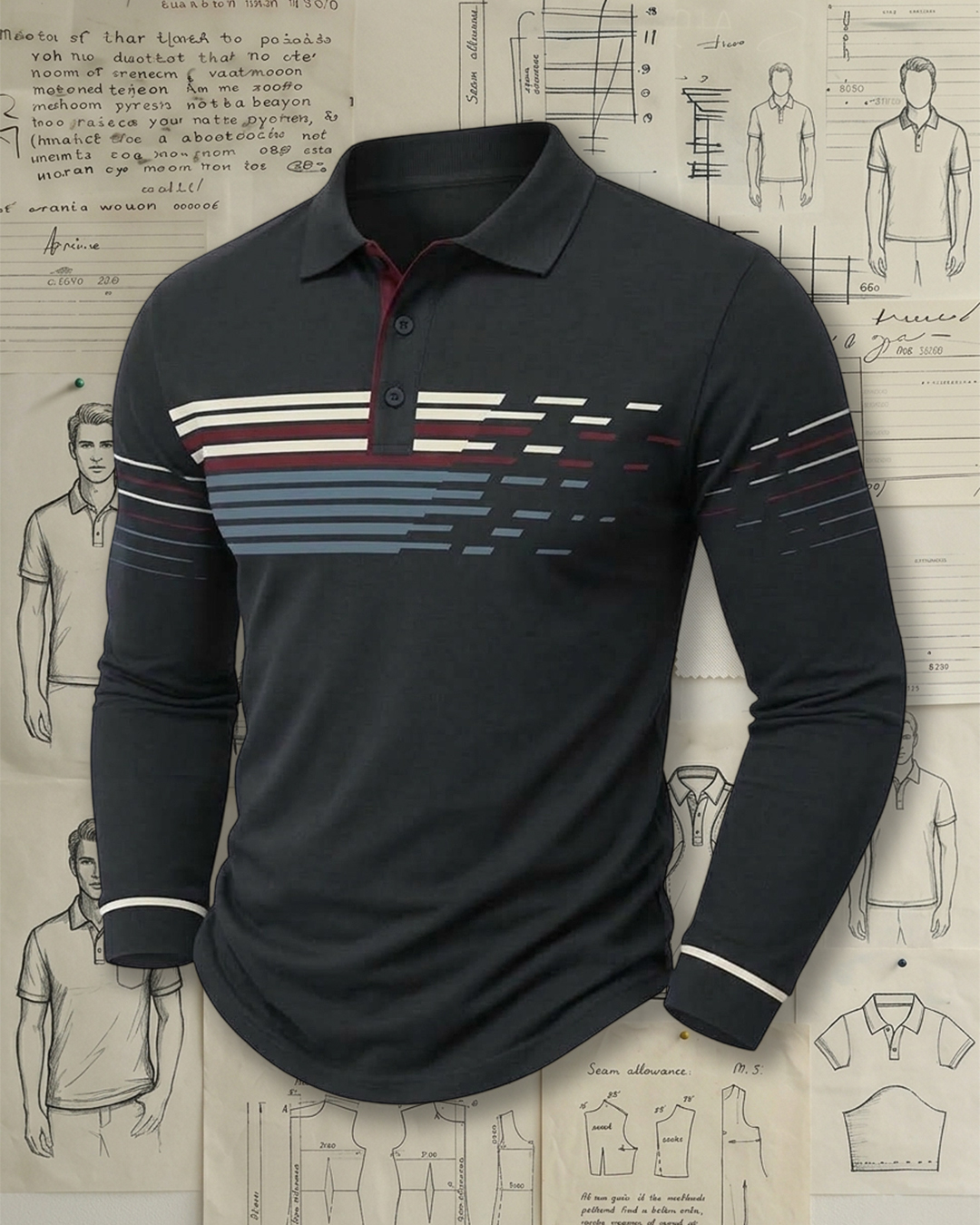 Men's Dark Grey and Multicolor Gradient Stripe Slim Fit Sporty Casual Printed Long Sleeve Polo Shirt