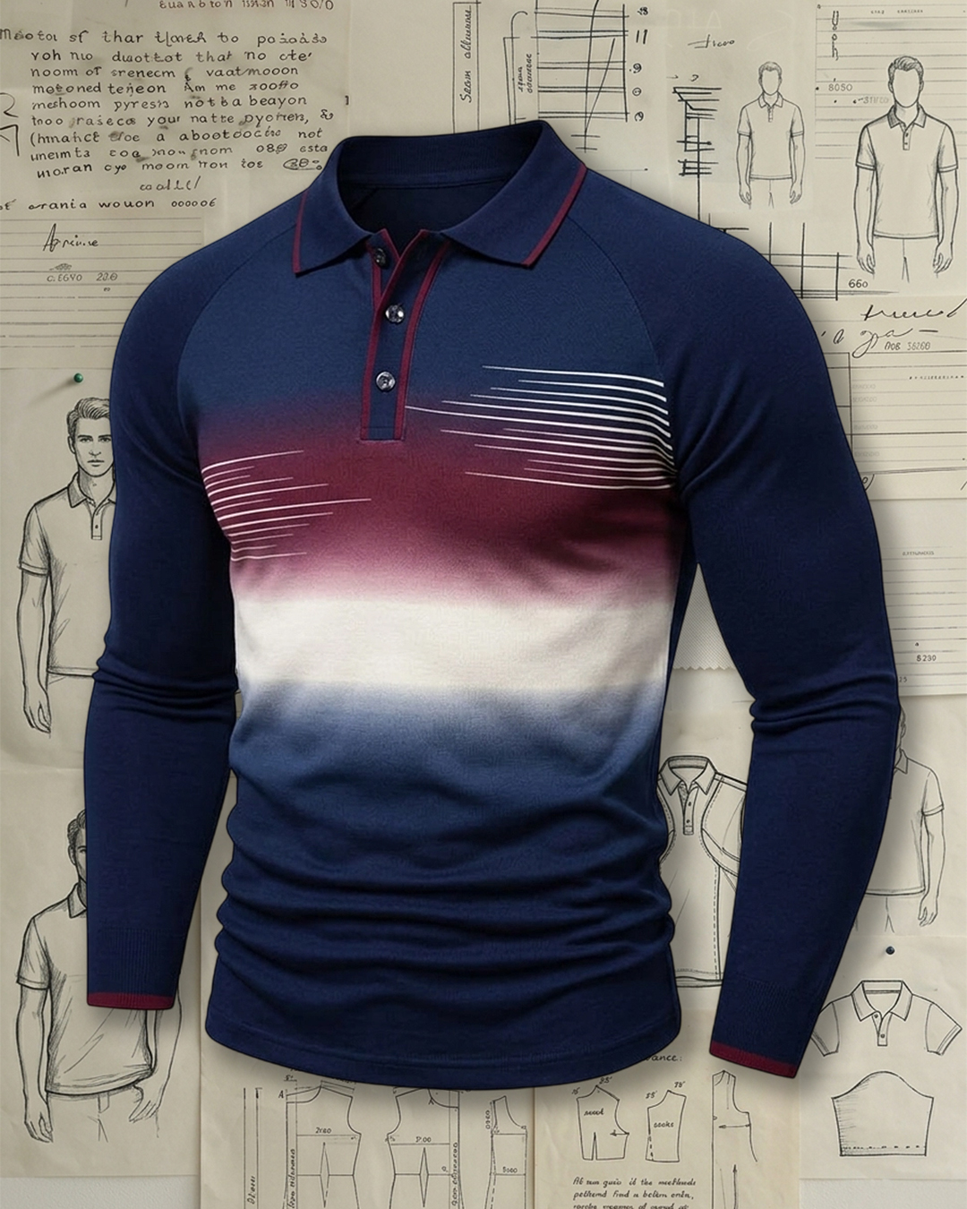 Men's Navy and Burgundy Gradient Stripe Slim Fit Smart Casual Printed Long Sleeve Polo Shirt