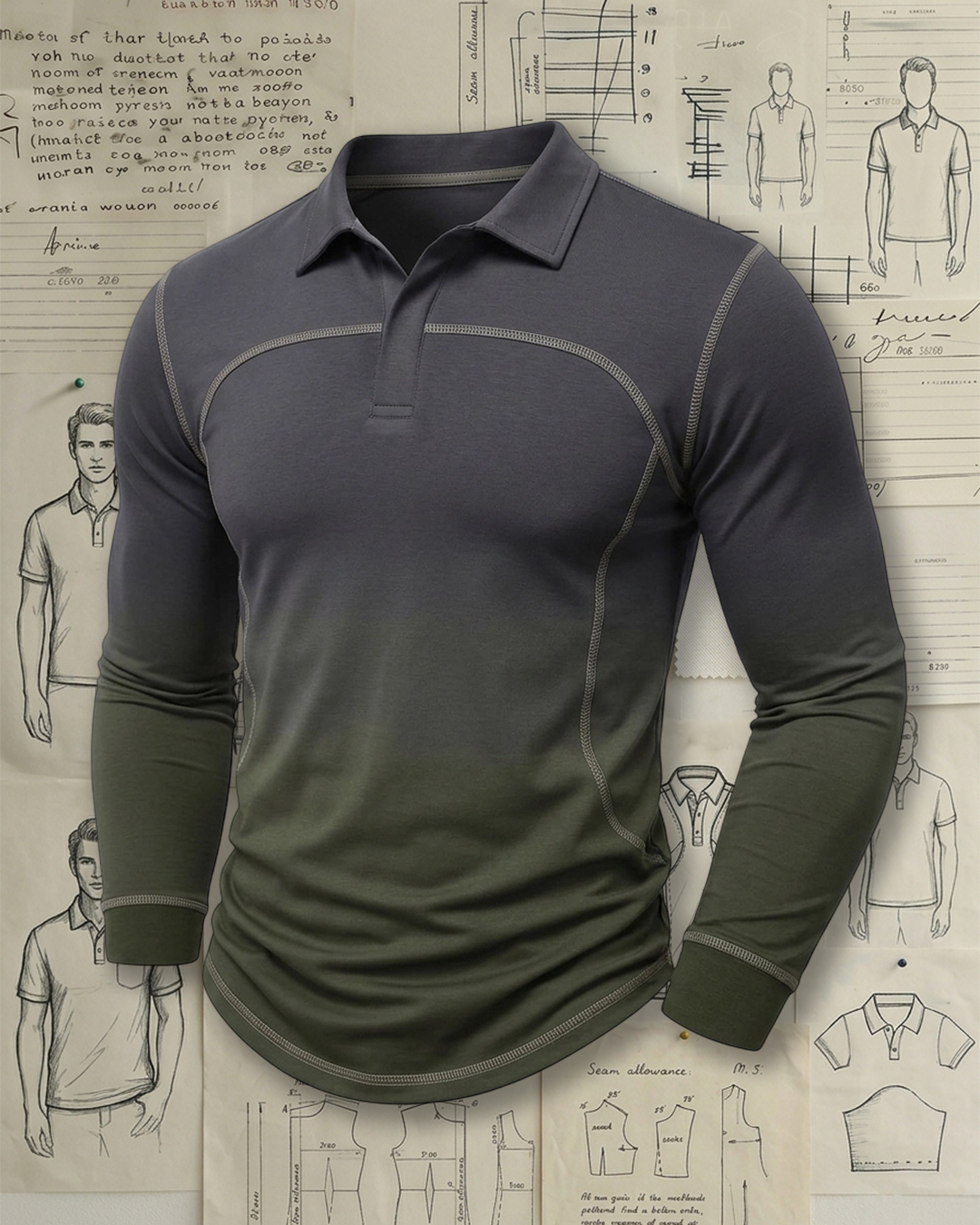 Men's Charcoal and Olive Green Gradient Stitch Slim Fit Tech Casual No-Print Long Sleeve Polo Shirt