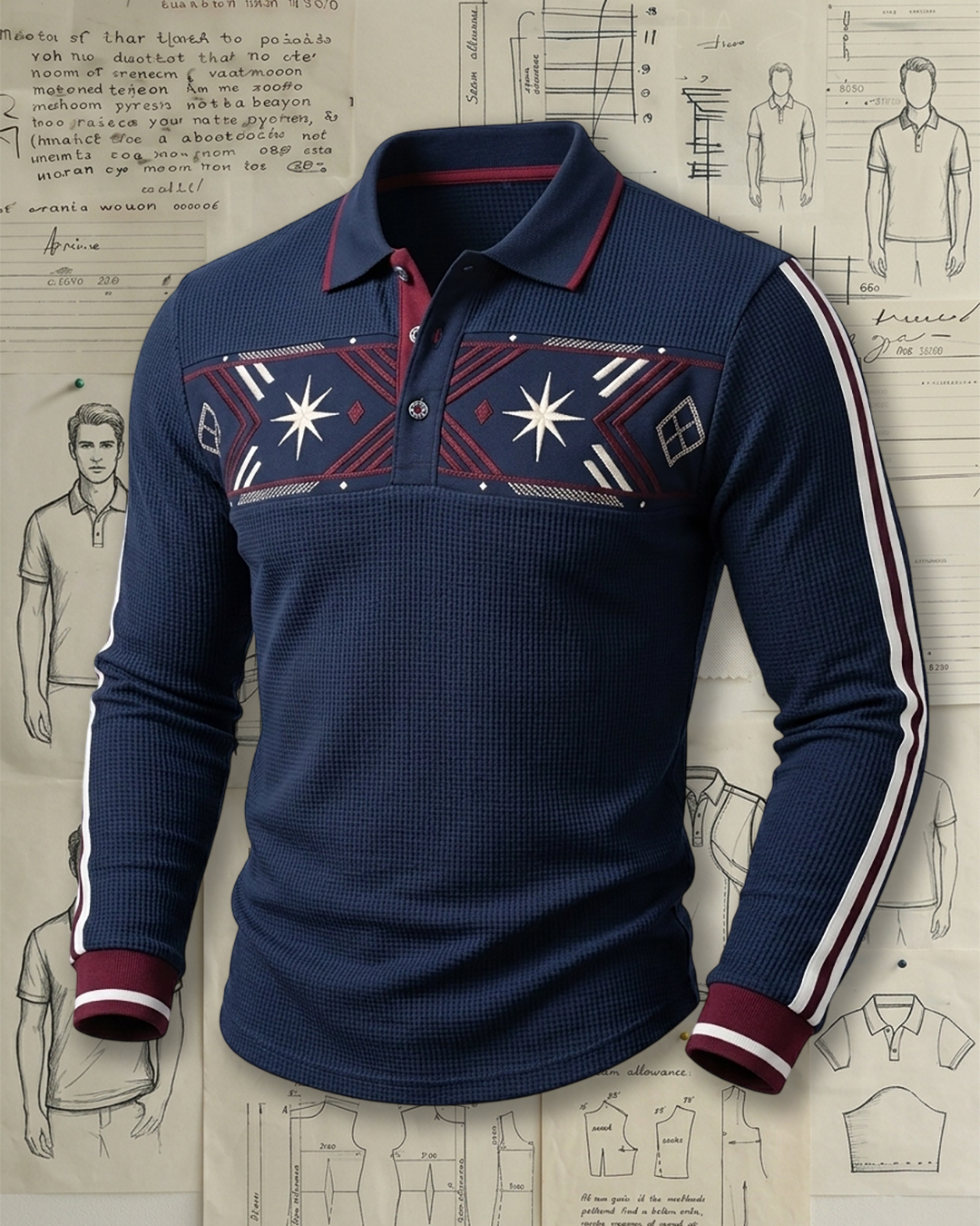 Men's Navy Waffle Knit Ethnic Geometric Embroidered Slim Fit Retro Casual Long Sleeve Polo Shirt