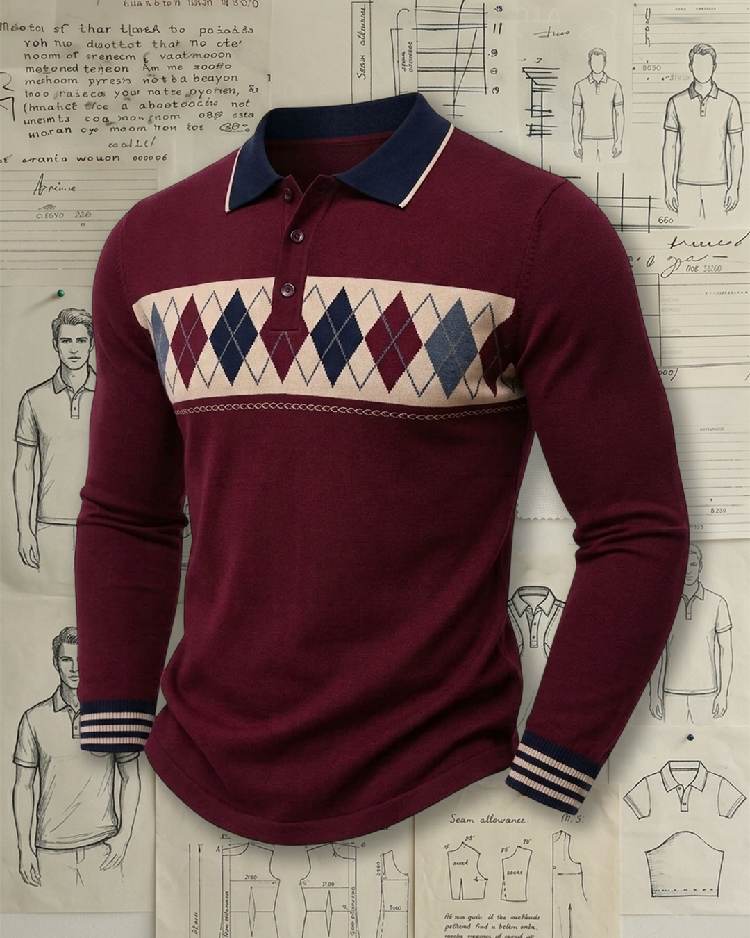 Men's Burgundy and Navy Argyle Knit Slim Fit Preppy Casual Printed Long Sleeve Polo Shirt