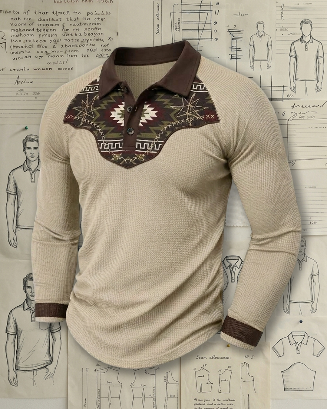 Men's Khaki and Brown Western Ethnic Print Slim Fit Vintage Casual Waffle Knit Long Sleeve Polo Shirt