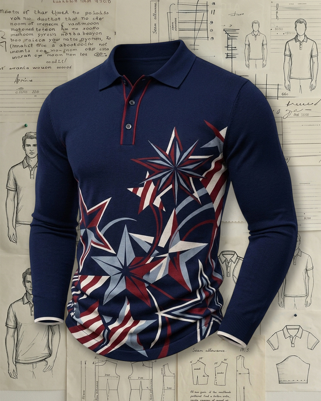 Men's Navy Red White Blue Star Geometric Slim Fit American Casual Printed Knit Long Sleeve Polo Shirt