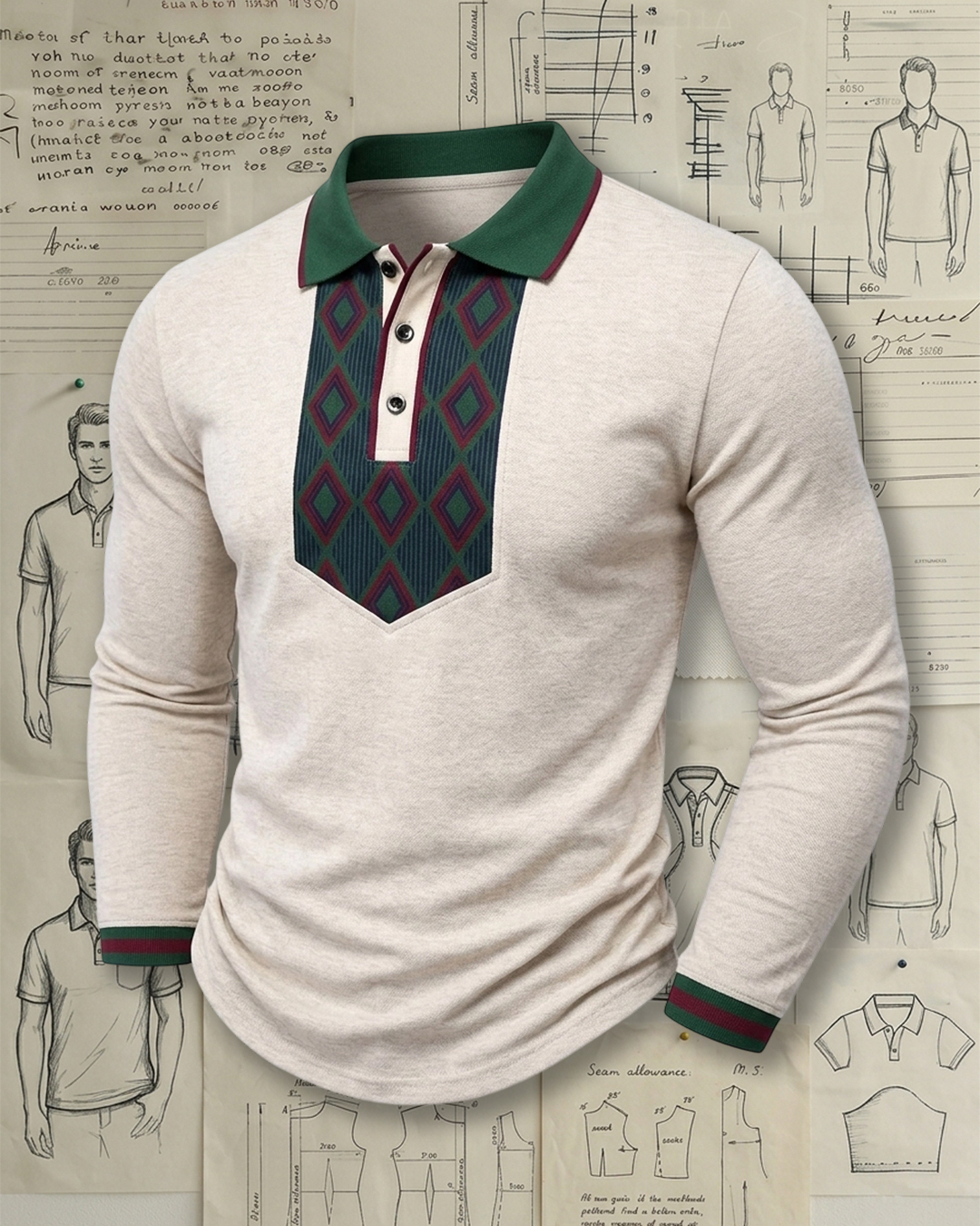 Men's Oatmeal and Green Collar Argyle Slim Fit Retro Casual Printed Long Sleeve Polo Shirt