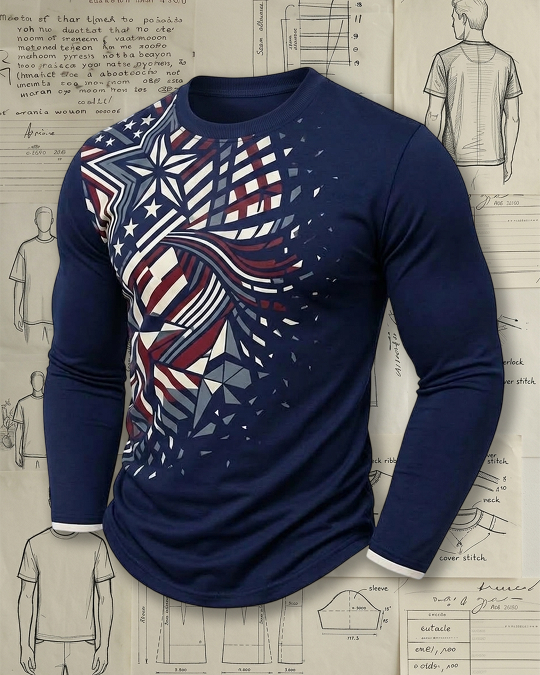 Men's Navy Red White Blue Star Geometric Slim Fit American Casual Printed Long Sleeve T-Shirt