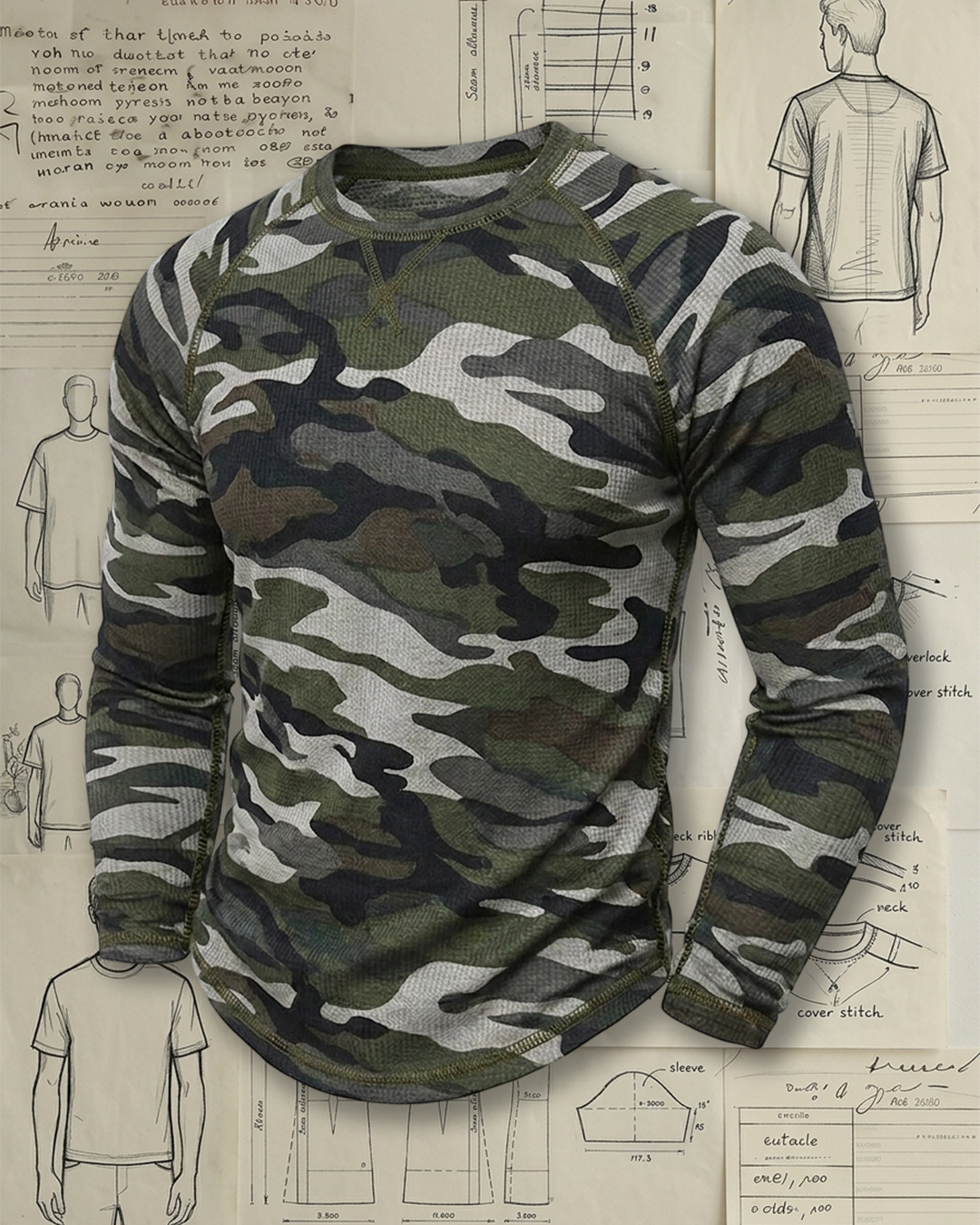 Men's Army Green Camo Waffle Knit Slim Fit Tactical Casual No-Print Long Sleeve T-Shirt