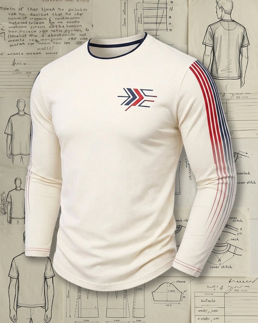 Men's Beige Red Blue Gradient Stripe Slim Fit Sporty Casual Arrow Print Long Sleeve T-Shirt