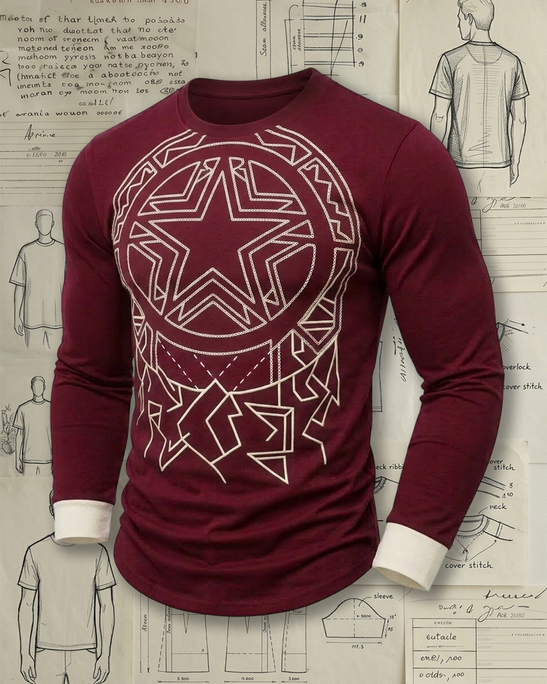 Men's Burgundy Ethnic Star Geometric Slim Fit Retro Casual Printed Long Sleeve T-Shirt