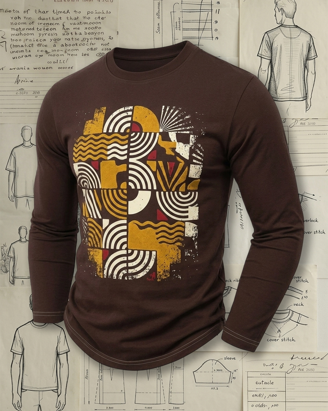 Men's Brown Ochre Retro Geometric Slim Fit Art Casual Printed Long Sleeve T-Shirt