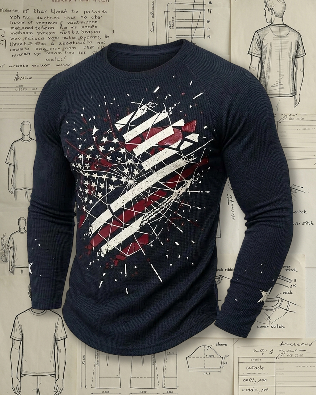 Men's Navy Shattered Star Stripe Waffle Knit Slim Fit American Casual Printed Long Sleeve T-Shirt