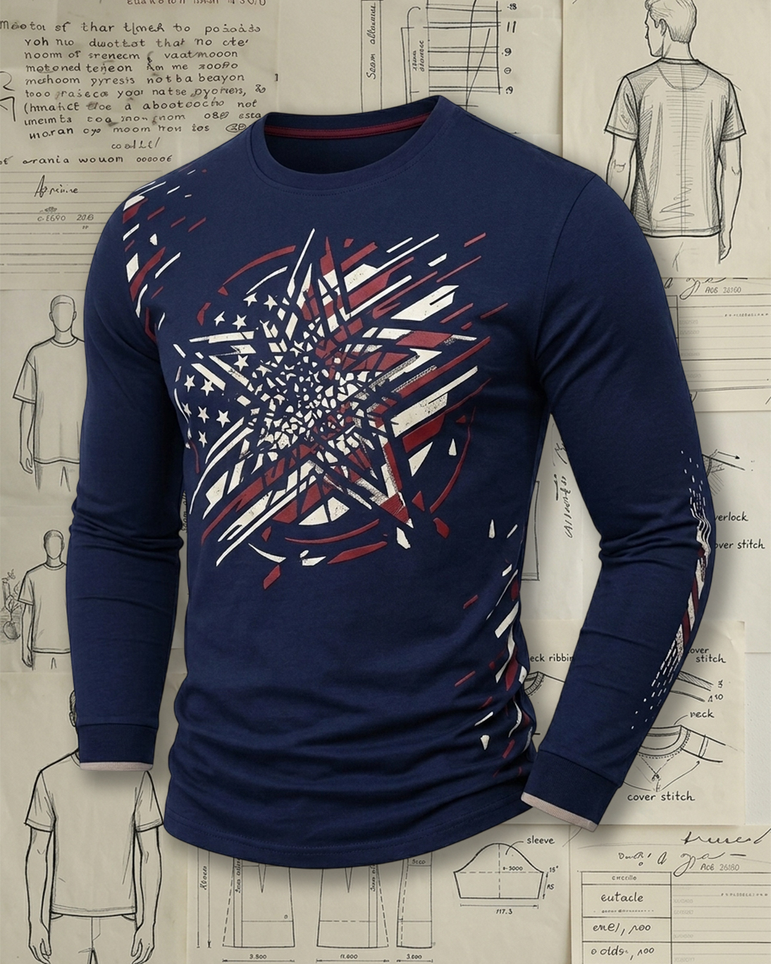 Men's Navy Red White Starburst Geometric Slim Fit American Casual Printed Long Sleeve T-Shirt