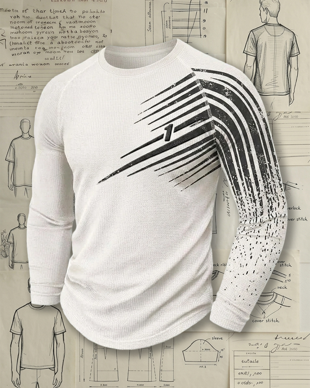 Men's Beige Black Diagonal Stripe Slim Fit Street Casual Waffle Knit Long Sleeve T-Shirt