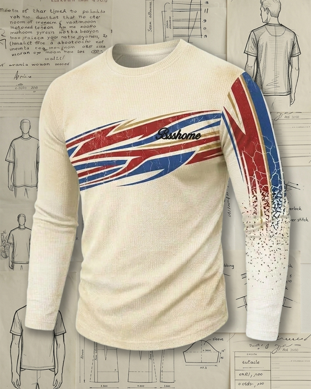 Men's Beige Red Blue Retro Stripe Slim Fit Street Casual Waffle Knit Long Sleeve T-Shirt
