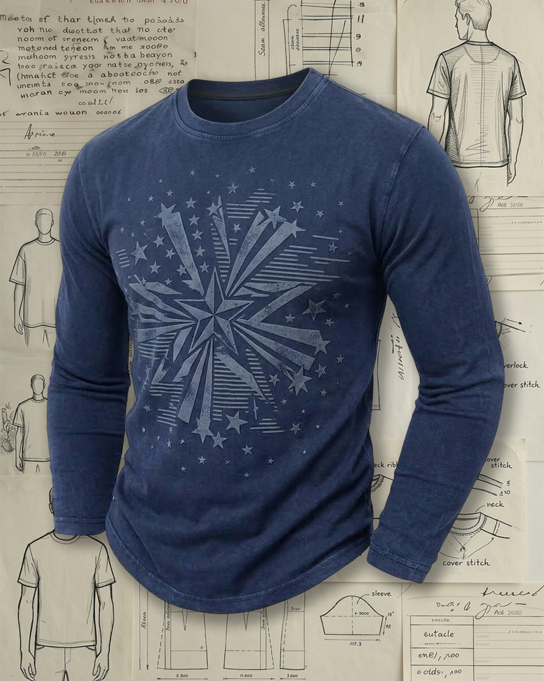 Men's Navy Washed Starburst Geometric Slim Fit Retro Casual Printed Long Sleeve T-Shirt