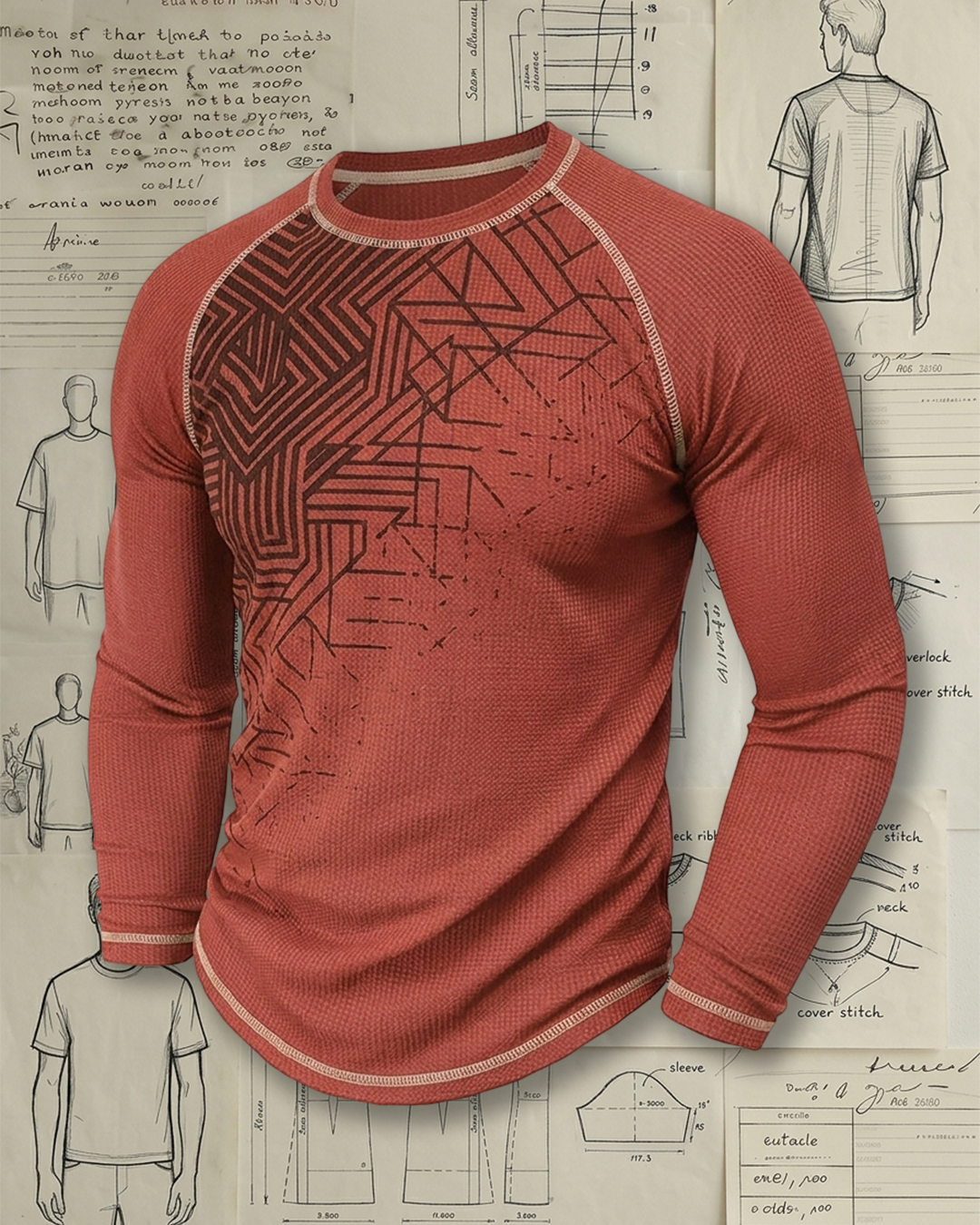 Men's Brick Red Geometric Maze Slim Fit Retro Casual Waffle Knit Long Sleeve T-Shirt