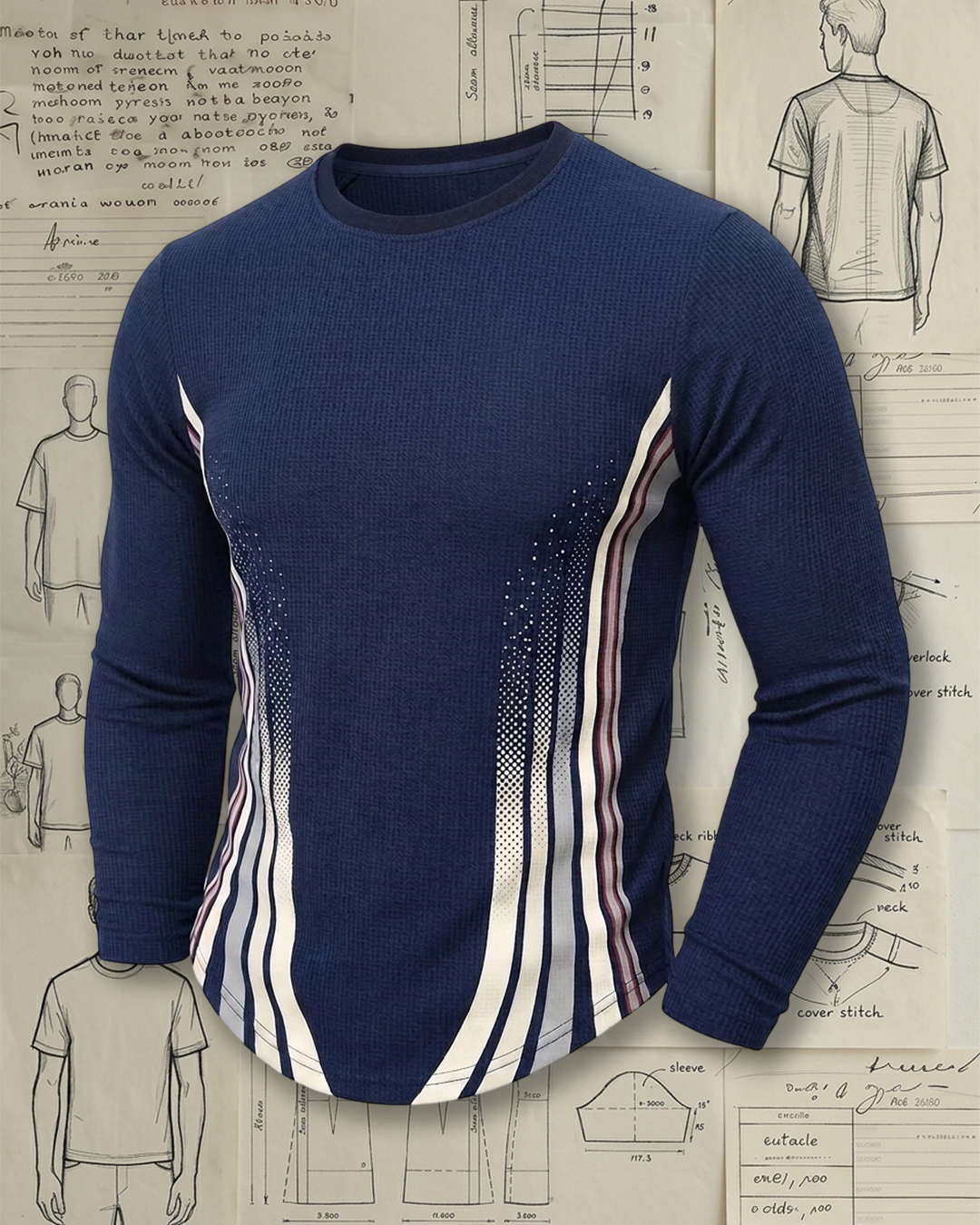 Men's Navy Gradient Curved Stripe Slim Fit Sport Casual Waffle Knit Long Sleeve T-Shirt