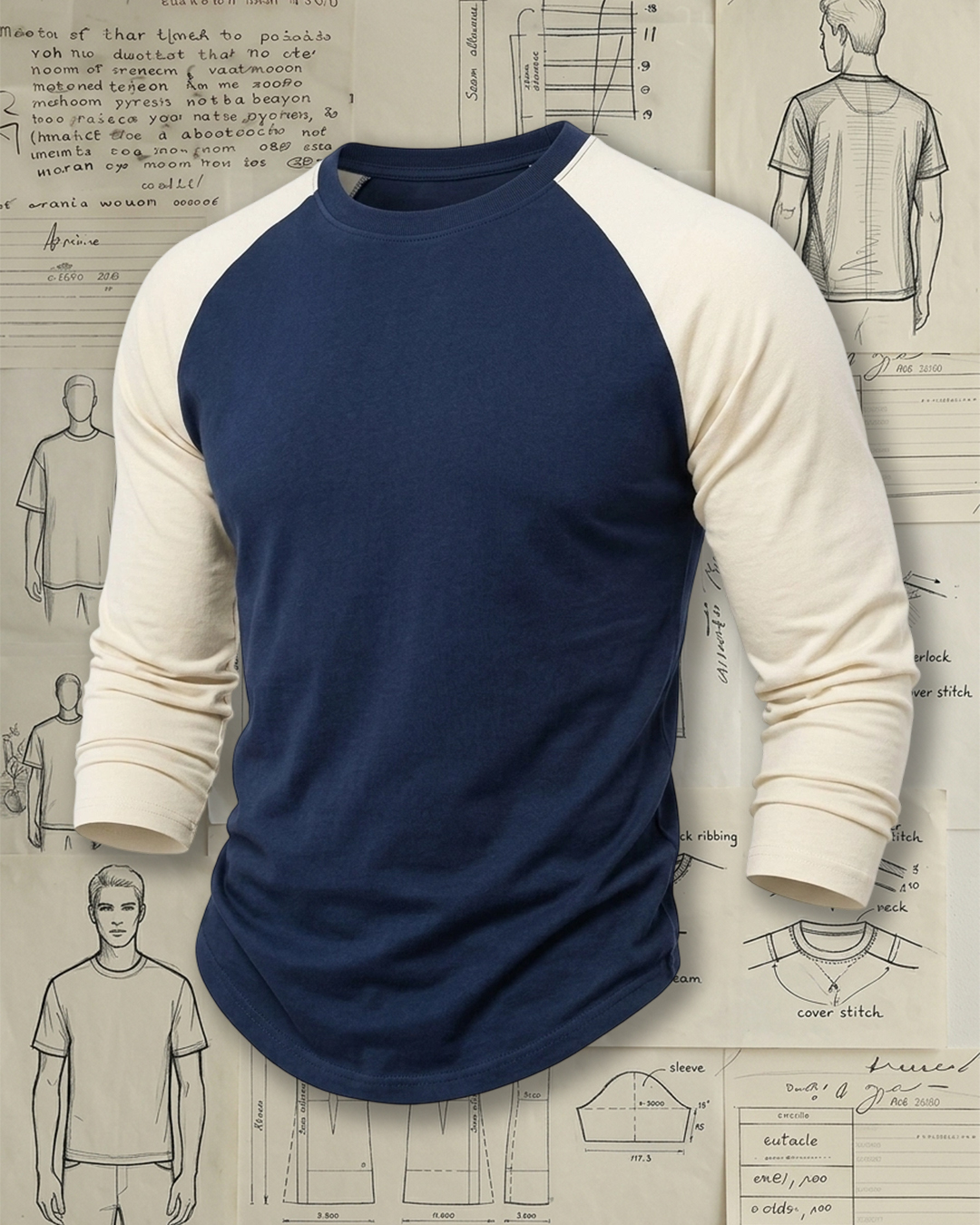 Men's Navy and Cream Color-block Raglan Slim Fit Retro Casual Plain Long Sleeve T-Shirt