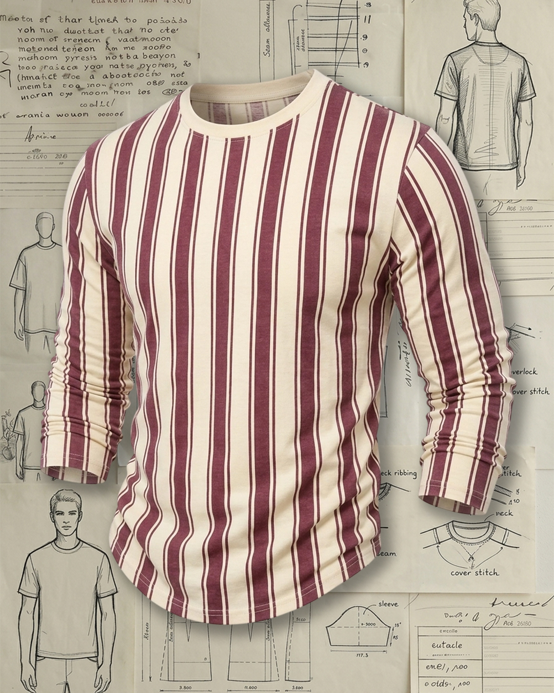 Men's Beige Maroon Vertical Stripe Slim Fit Retro Casual Long Sleeve T-Shirt