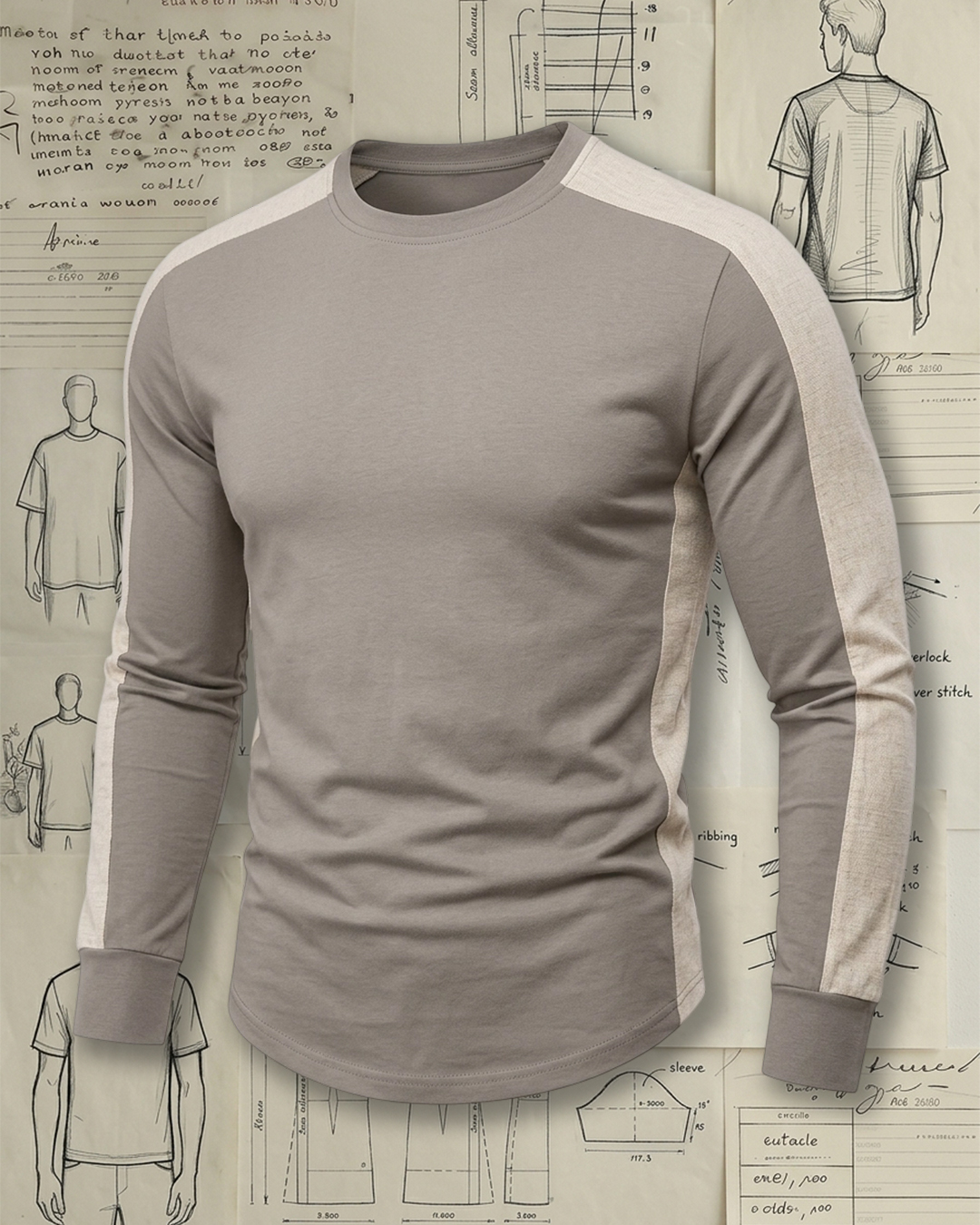 Men's Taupe and Cream Side Stripe Slim Fit Minimalist Casual Plain Long Sleeve T-Shirt