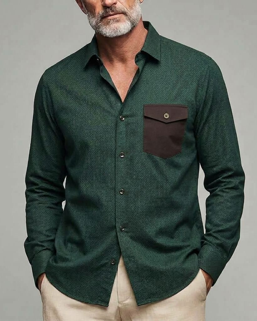 Men's Dark Green Brown Pocket Regular Fit Business Casual Textured Long Sleeve Shirt