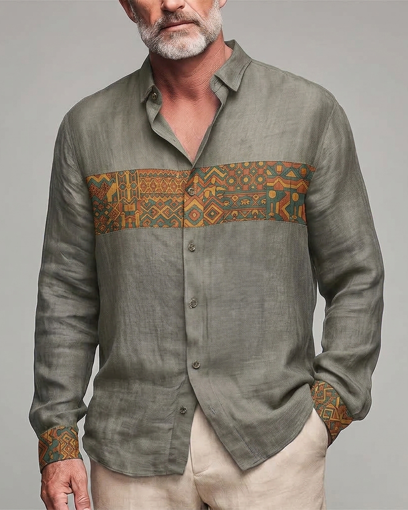 Men's Sage Green Ethnic Geometric Regular Fit Vacation Casual Linen Long Sleeve Shirt