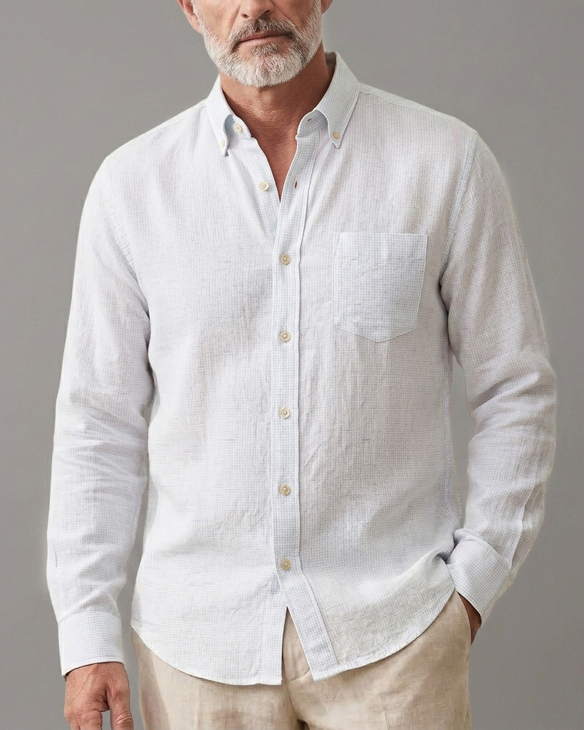 Men's Light Blue White Micro Check Regular Fit Smart Casual Linen Long Sleeve Shirt