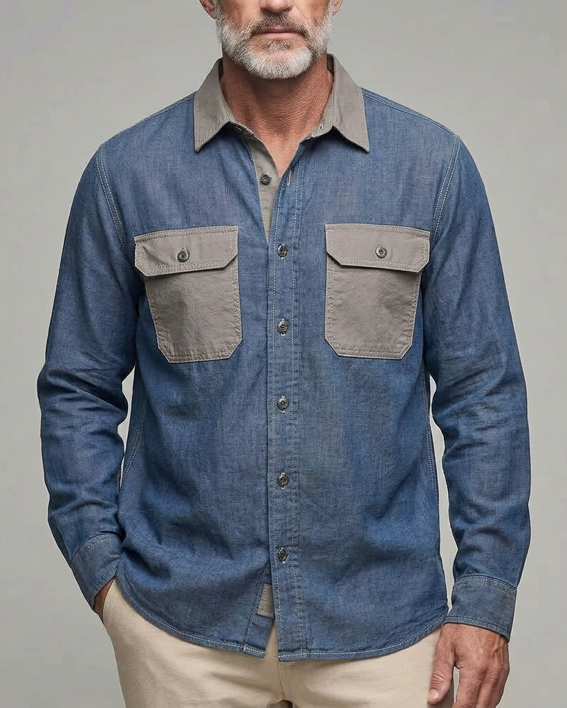 Men's Blue Grey Color-block Regular Fit Retro Workwear Chambray Long Sleeve Shirt