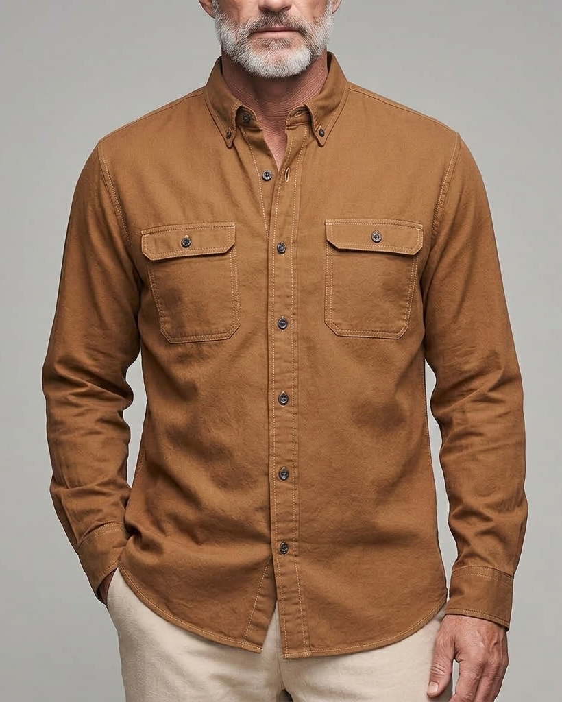 en's Camel Corduroy Regular Fit Retro Workwear Plain Long Sleeve Button-down Shirt
