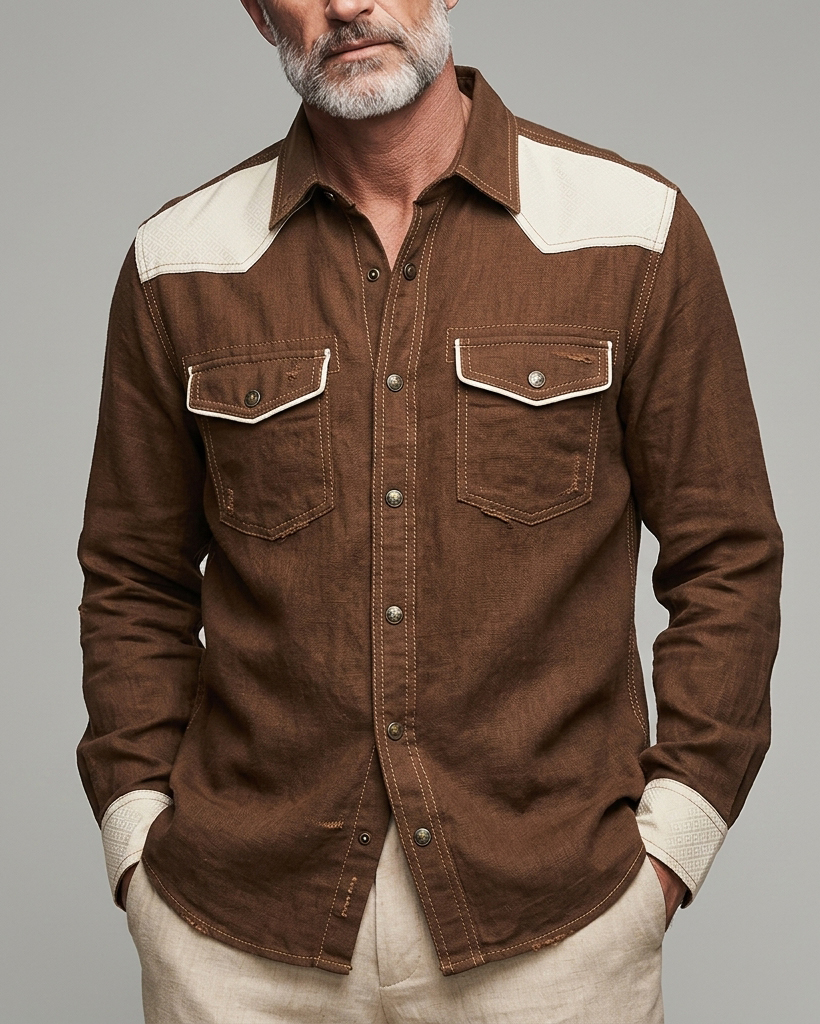 Men's Brown Cream Color-block Regular Fit Western Casual Linen Long Sleeve Shirt